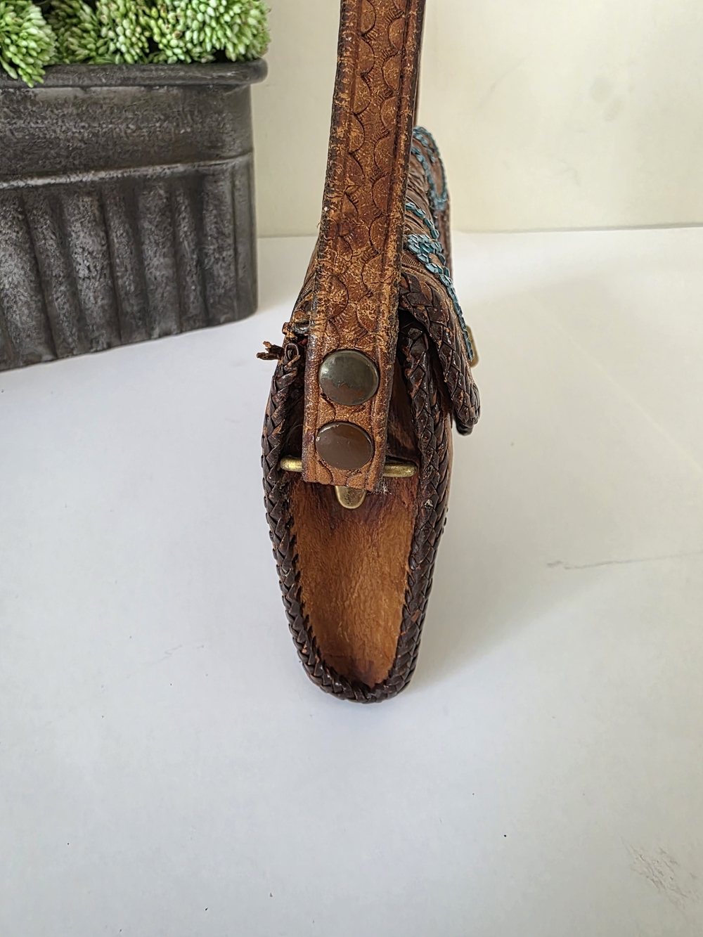 Vintage Roth & Madge Swarovski Crystal Tooled Leather Mini Bag Wristlet - Picture 10 of 17